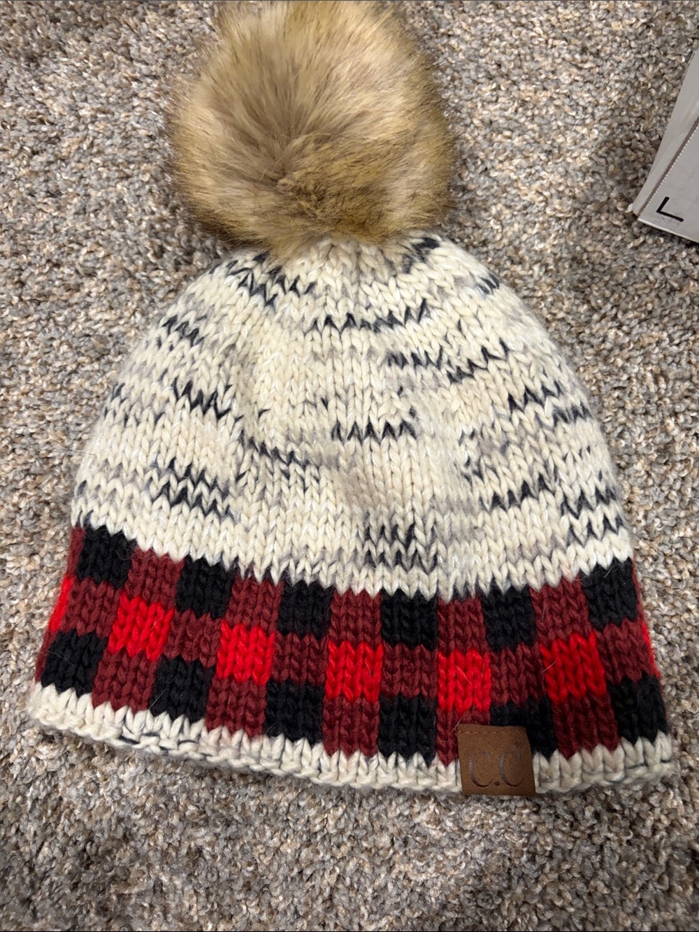 C.C Kids Knit Pom Beanie in Cream with Red & Black Buffalo Check